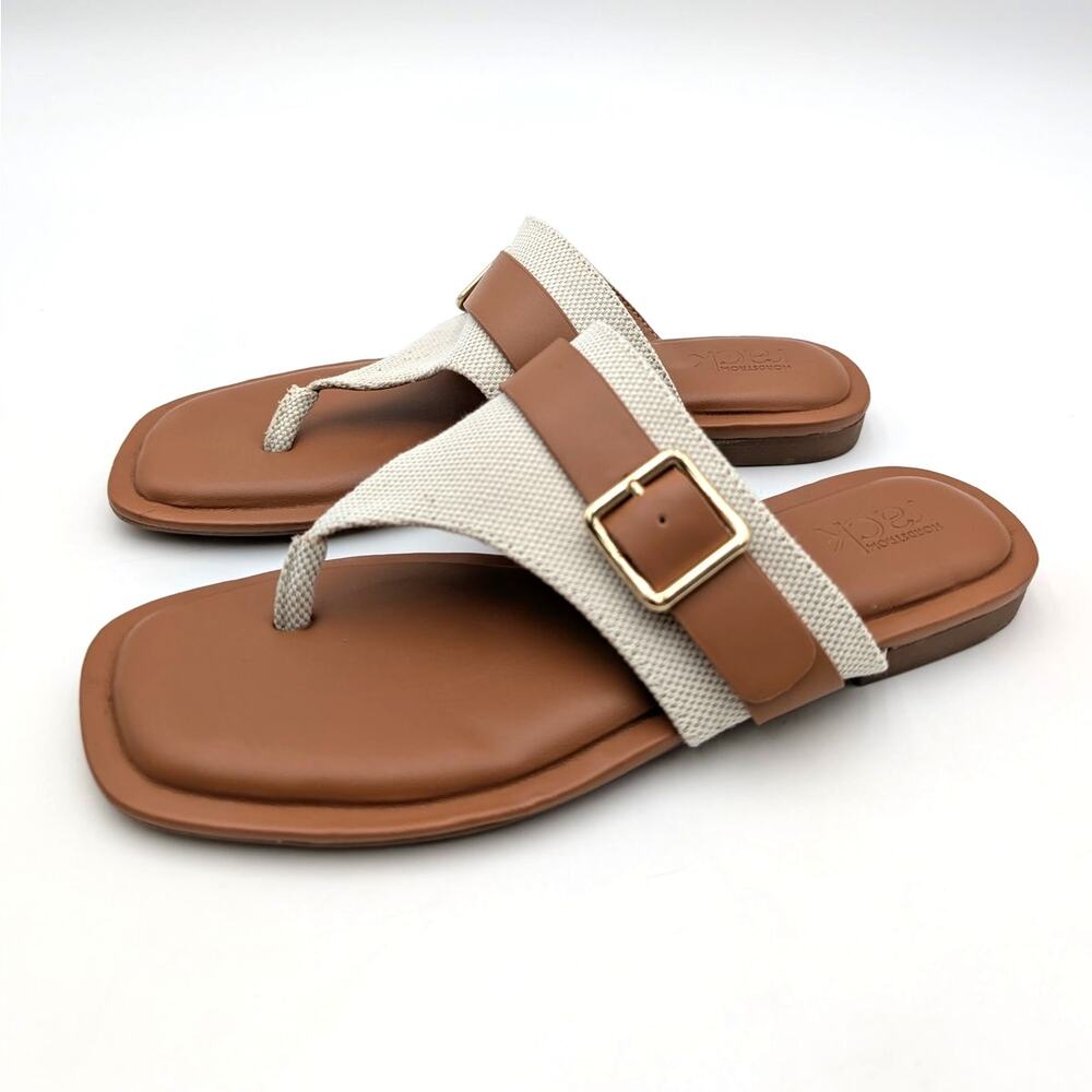 Nordstrom Rack Casen T-Strap Flat Sandals Women's Ivory/Cognac Sz US5.5M EU35.5
